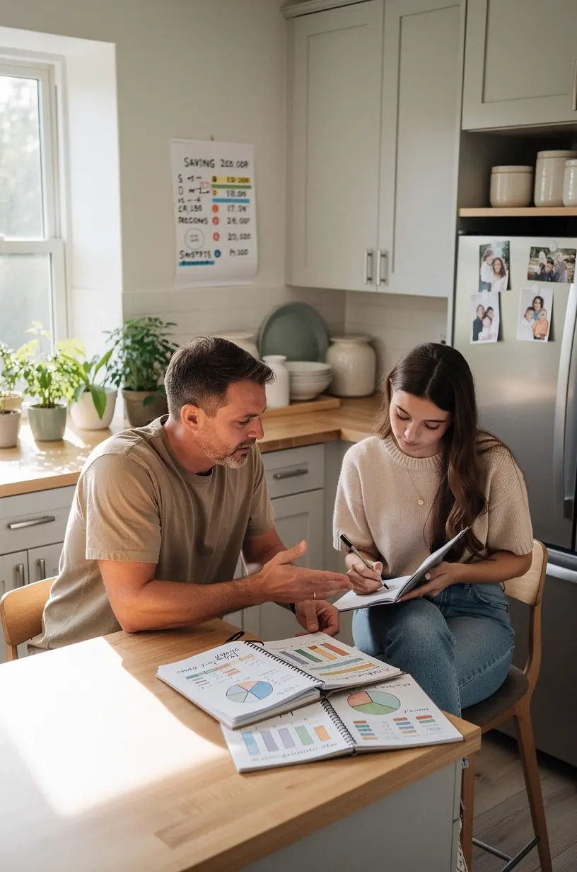 Nyitott könyv, amely a pénzügyi minimalizmus alapelveiről szól, mellette szemüveg és toll a tanulás jelképeként.