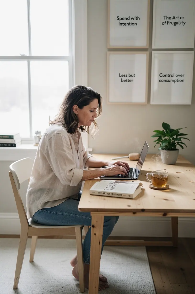 Pénzügyi tervező könyvek gondosan rendezve egy könyvespolcon, amelyek a költségkontroll és tudatos költés témáját fedik le.